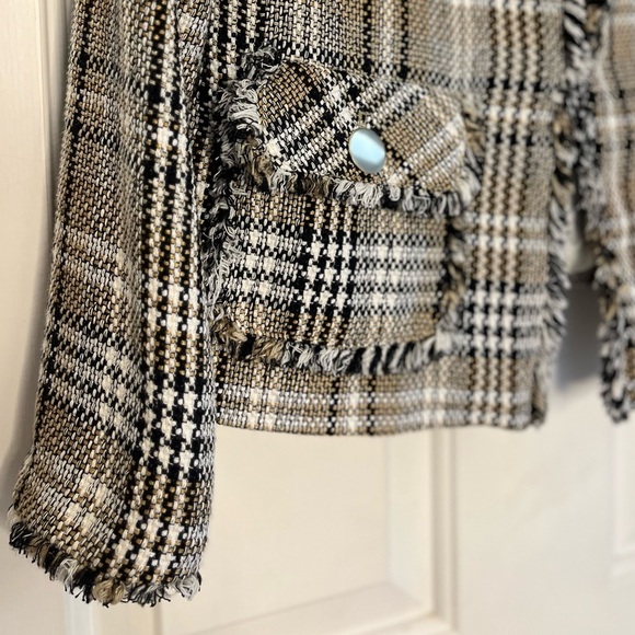 ZARA Tweed Frayed Plaid Blazer Cropped XS - Picture 4 of 16